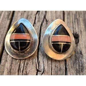 Vintage Native American Sterling Silver Coral & Onyx Inlay Post Earrings